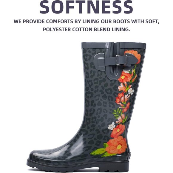 Women's Red Flowers Yellow Waterproof Tall Knee High Rubber landchief Rain Boot - Picture 4 of 6